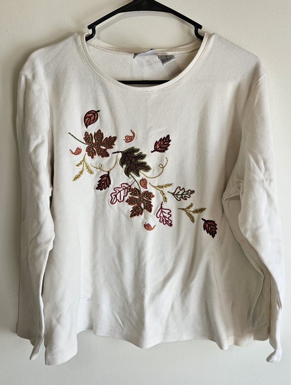 Vintage Bobbie Brooks Embroidered Fall Autumn Leaves Long Sleeve Shirt Cream XL